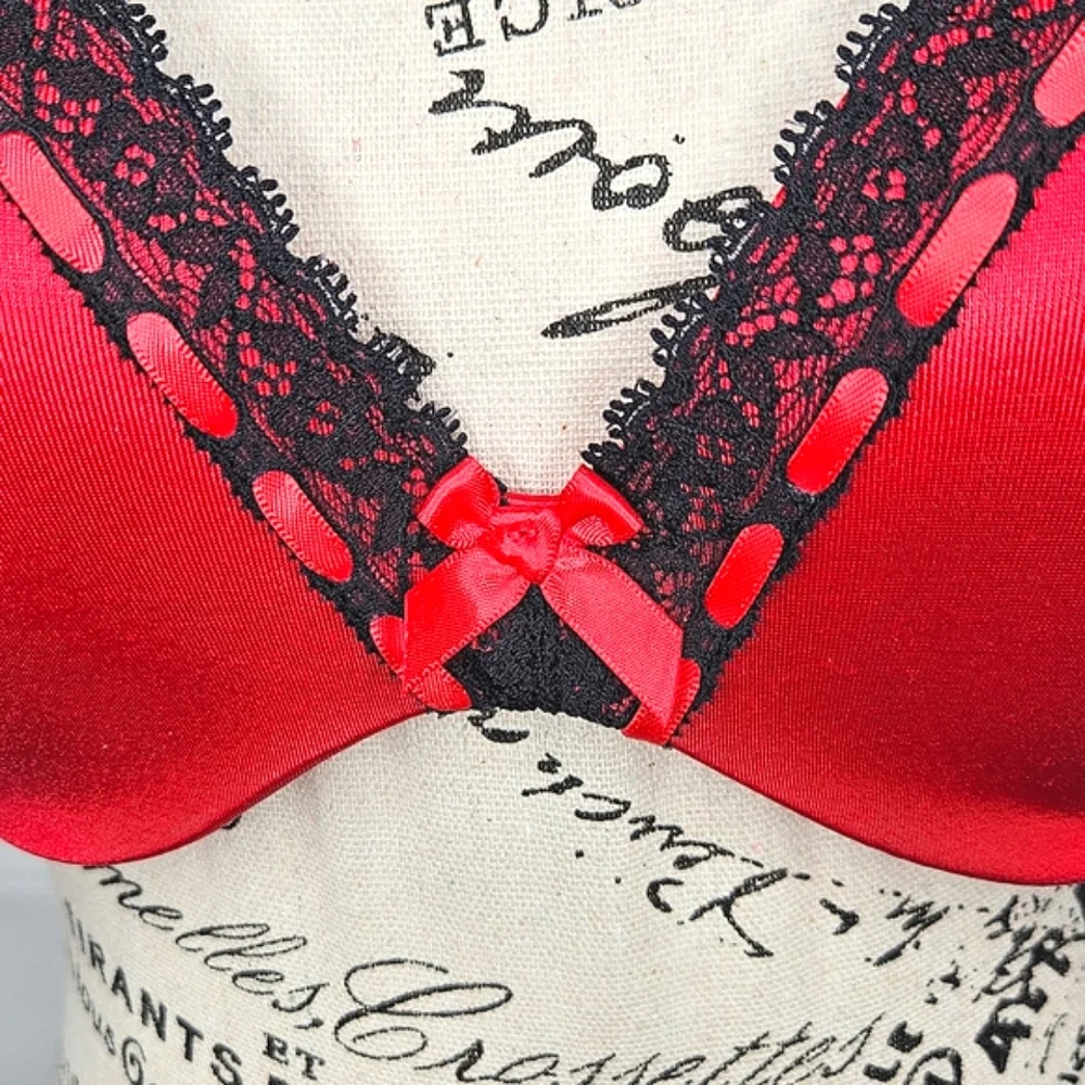 La SENZA 32DD Red Black Lace Plunge Bra Molded Cup Underwire Sexy Lingerie - Picture 4 of 15